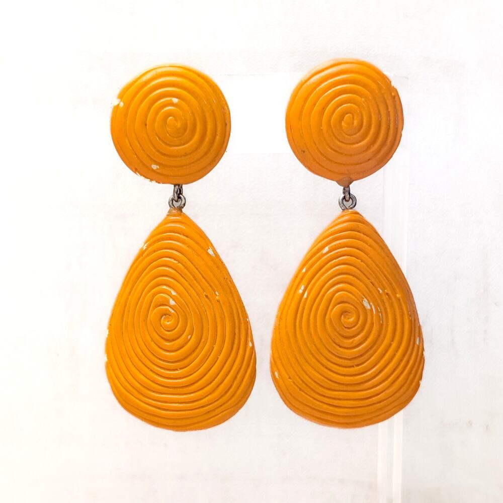 Vintage Clip On Earrings Extra Large Orange Dangle Drop Orange - Fair Condition